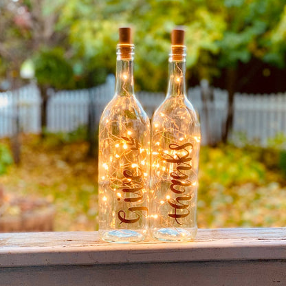 Give Thanks Fall Wine Bottle Decorations with String Lights from Cork