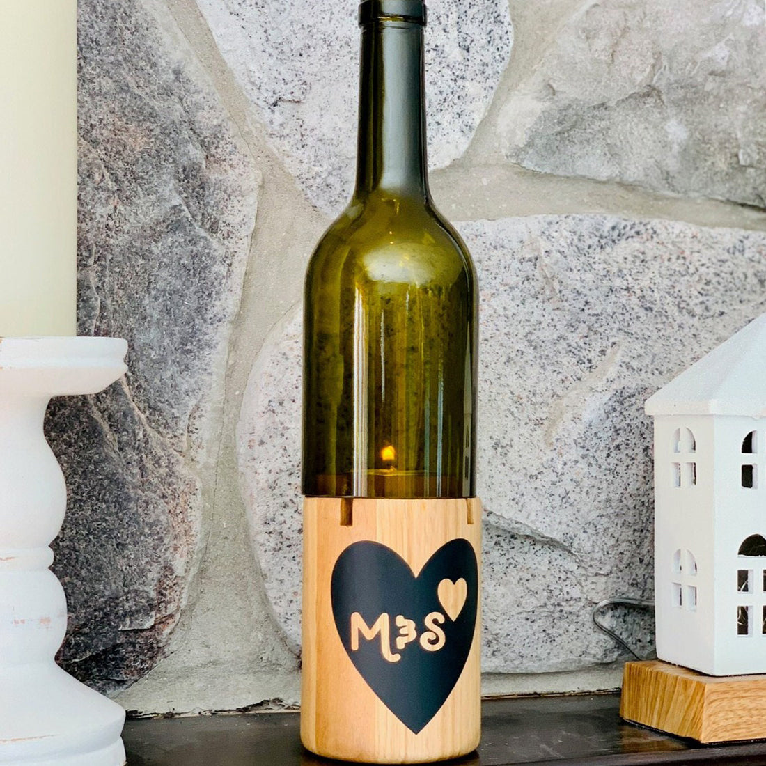 Personalized Heart Initials Cut Wine Bottle Candle Holder with Base