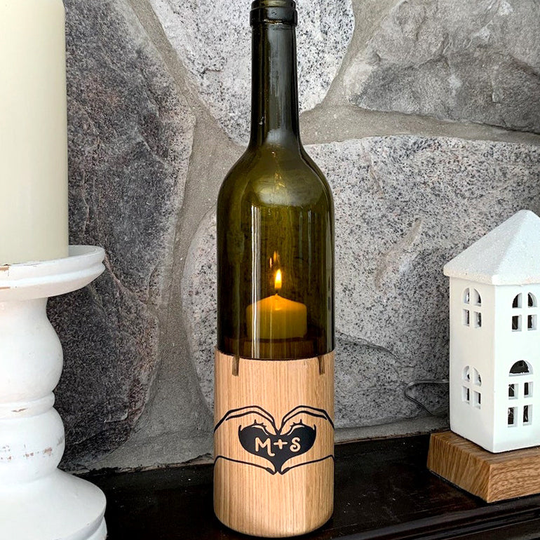 Personalized Heart Hand Initials Cut Wine Bottle Candle Holder